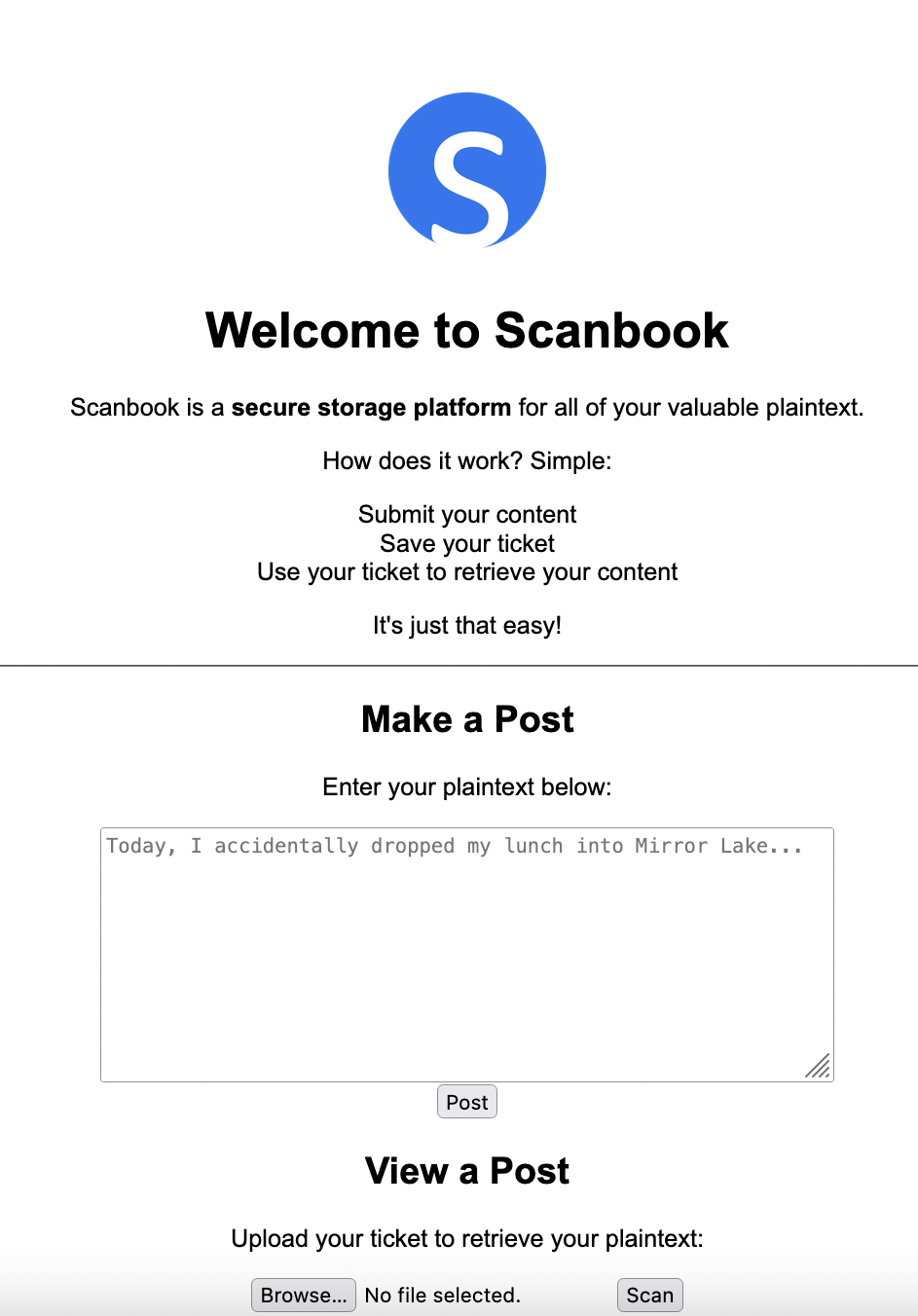 scanbook website which contains a plaintext input form and file upload feature for QR codes