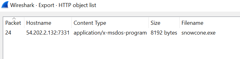 image of pcap open in the "export objects" tab